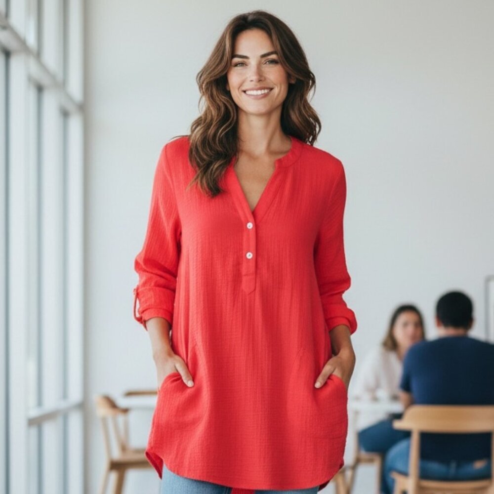 Soft Surroundings Cotton Popover Tunic Top Sz‎ XS Red #97P